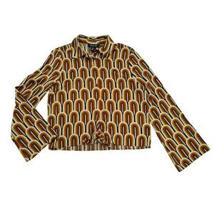 Rachel Zoe Womens XS Retro Multi-Color Tie Front Blouse With Bell Sleeves, NWT